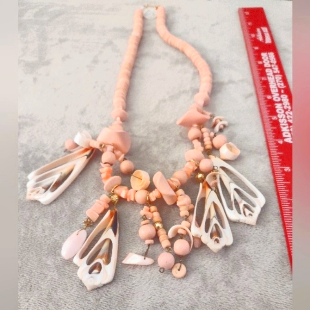 22" Philippines Handmade Shell Beaded Necklace, Peach color